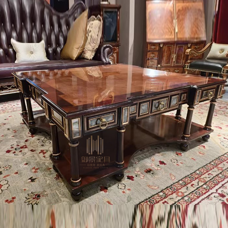 美式实木茶几欧式别墅客厅茶桌复古做旧茶台设计师款贝壳茶几桌子