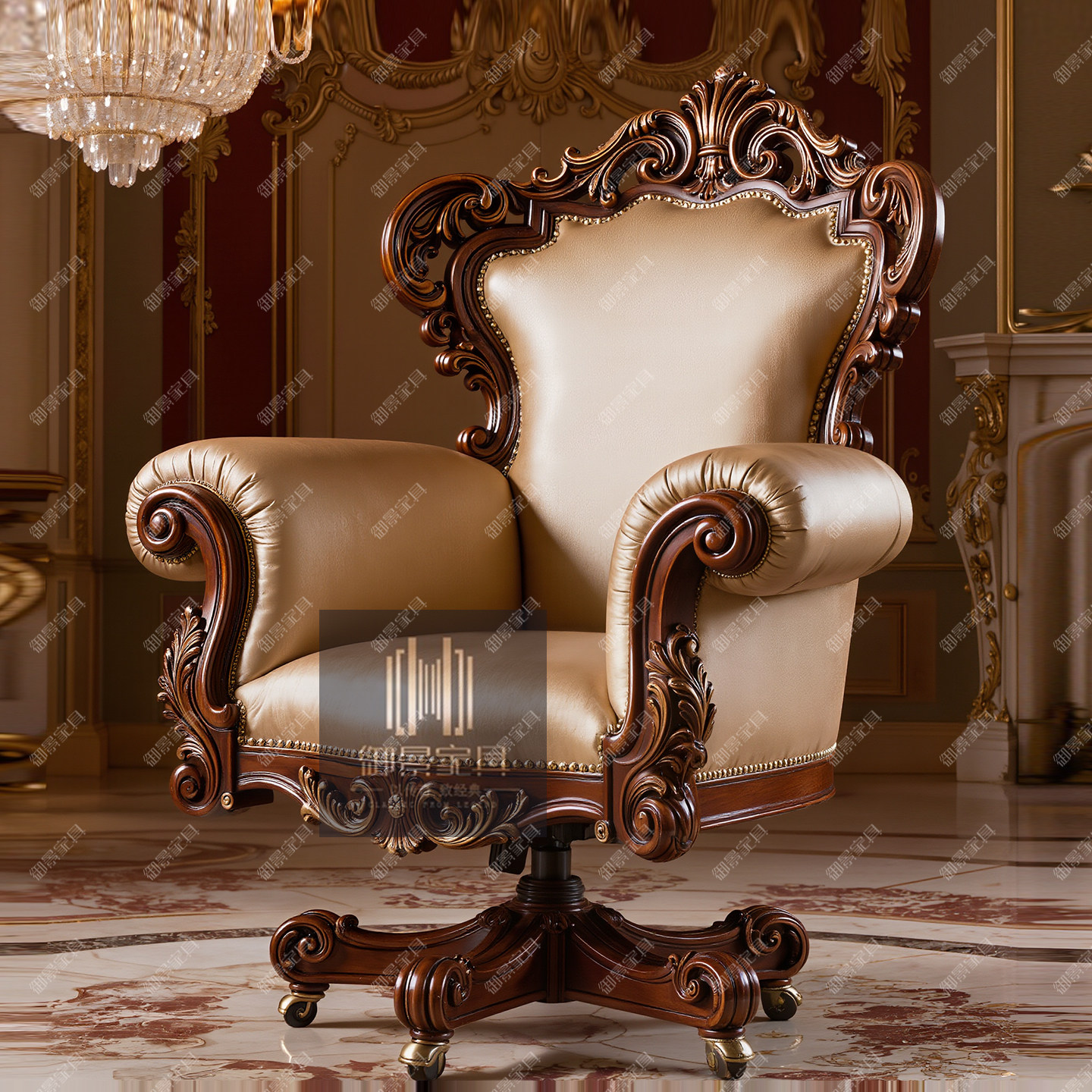 真皮软包实木电脑椅法式宫廷奢华办公椅书椅欧式转椅办公家具定制