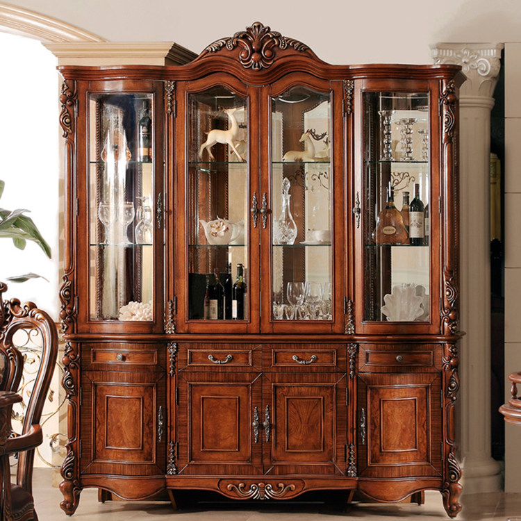 欧式高档实木酒柜橱柜美式雕花玻璃门靠墙收纳柜展示柜书柜珠宝柜