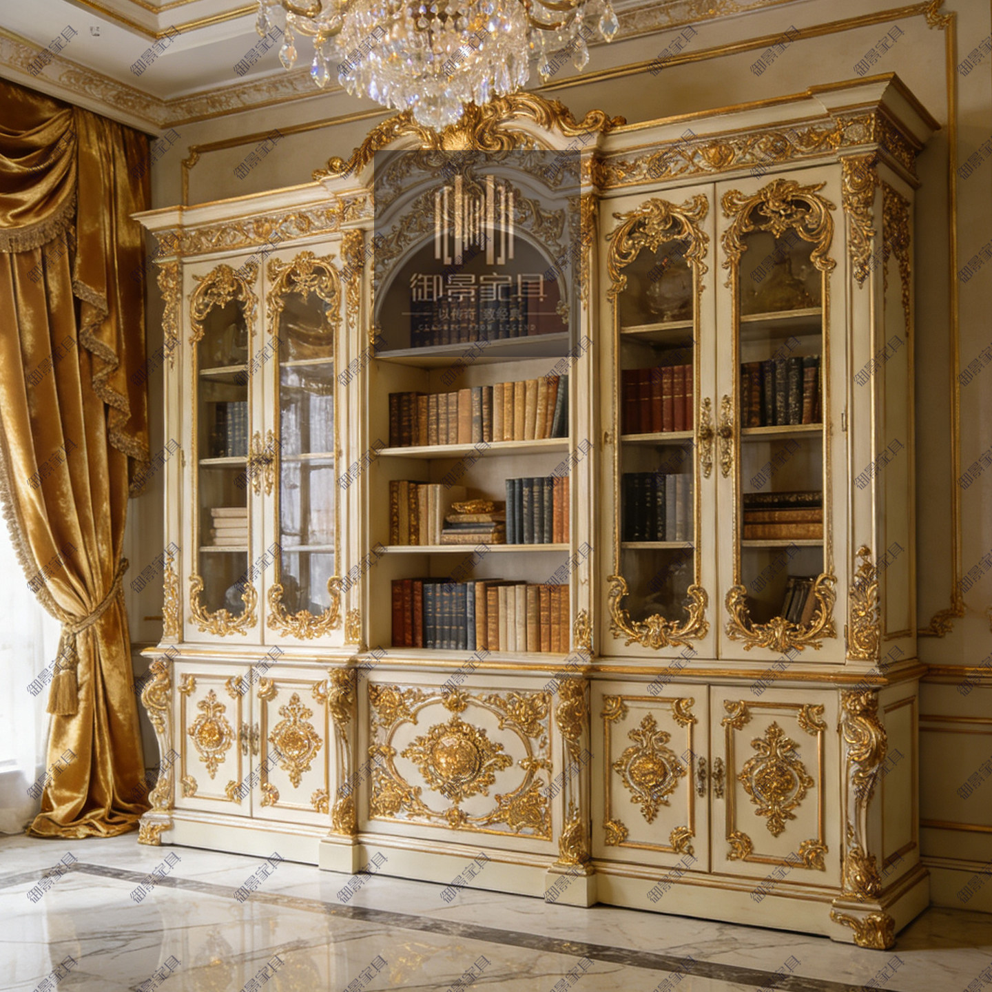 法式宫廷金箔烤漆书柜展示柜子欧式雕花复古做旧饰品柜储物柜定制