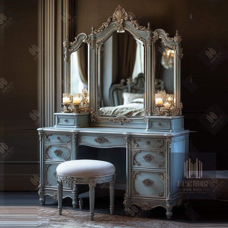 仿古蓝做旧梳妆台梳妆镜梳妆凳组合欧式雕花化妆柜珠宝首饰盒定制