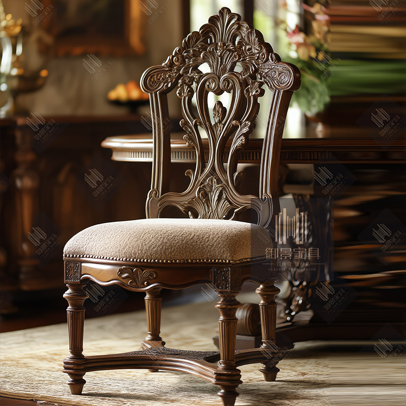 美式实木餐椅家用靠背椅欧式复古雕花椅子餐厅餐桌椅法式家具定制