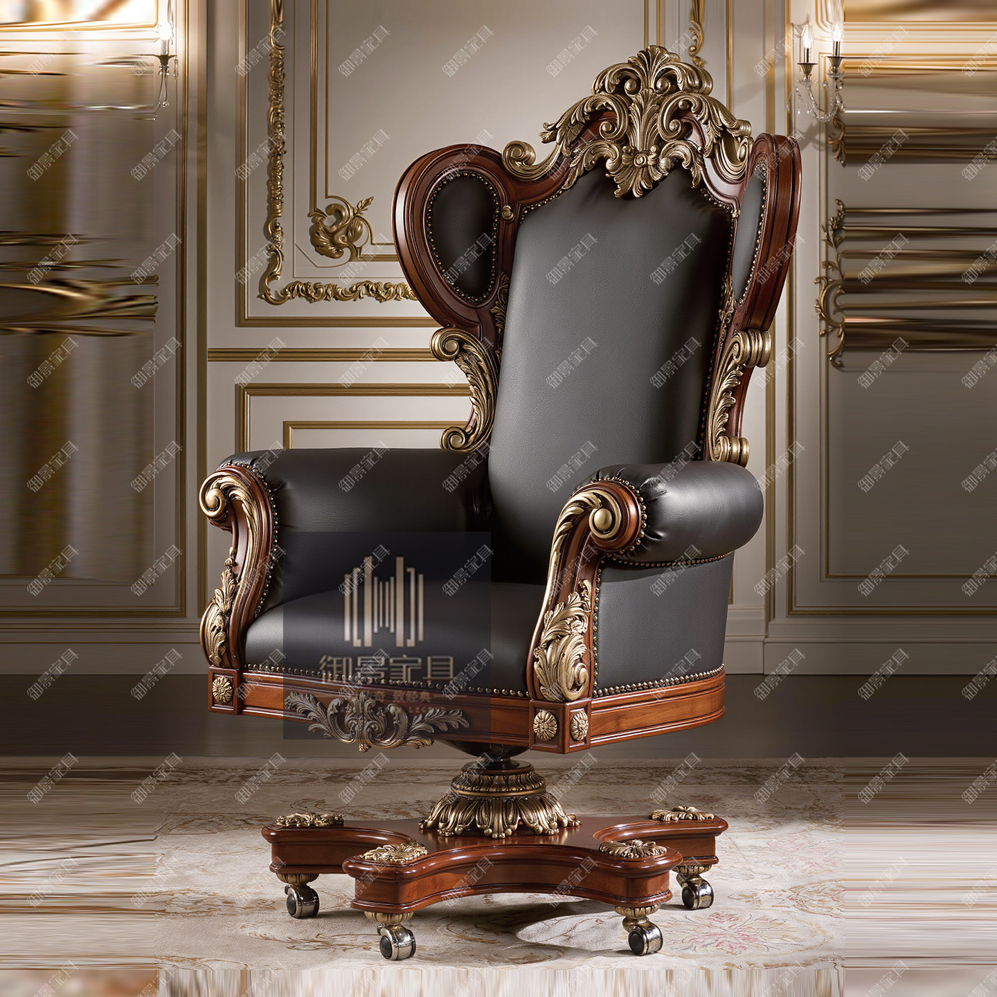 欧式复古黑色真皮转椅书椅扶手椅法式雕花大班椅班前椅实木家具
