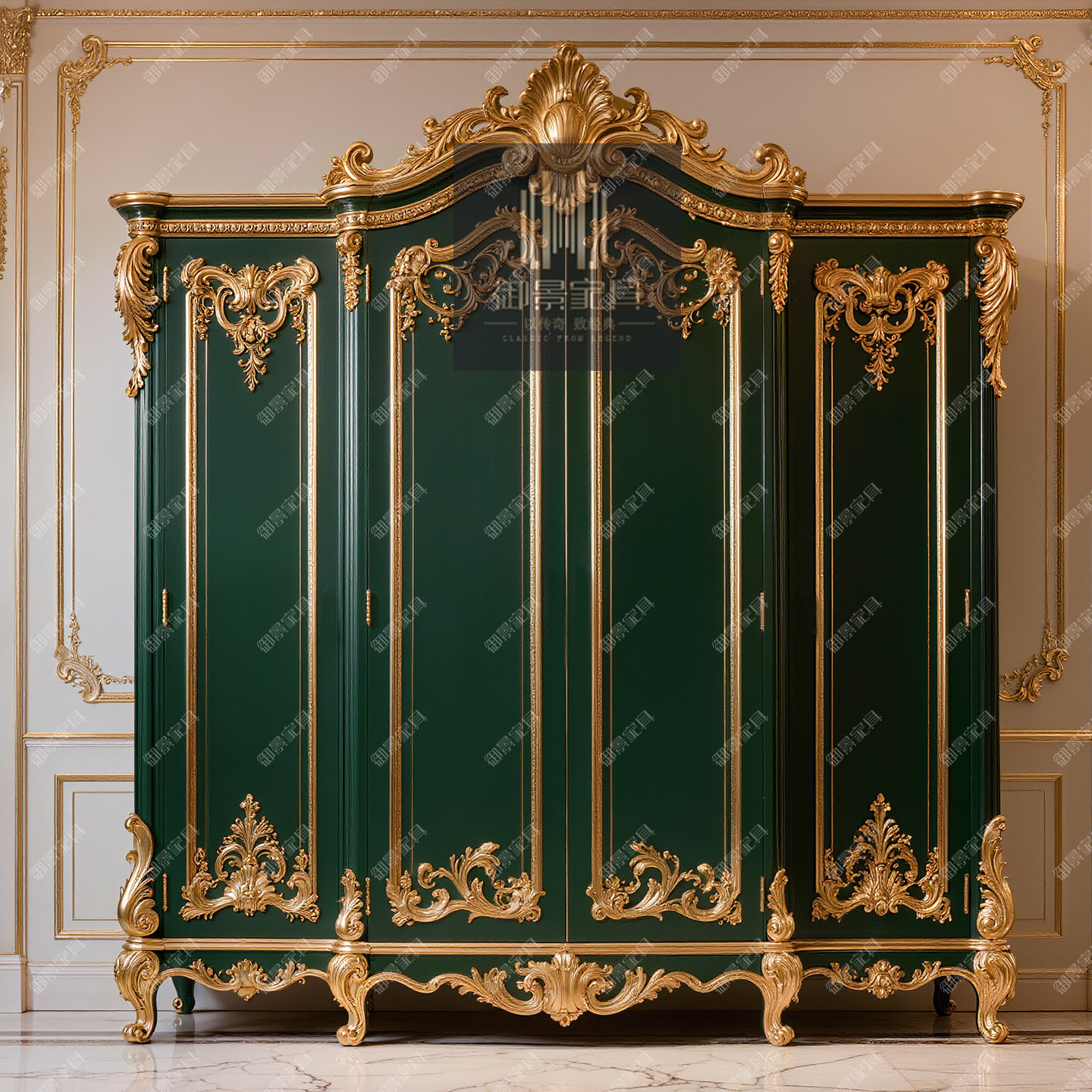 墨绿色实木四门衣柜欧式雕花收纳柜储物柜法式巴洛克金箔烤漆柜子