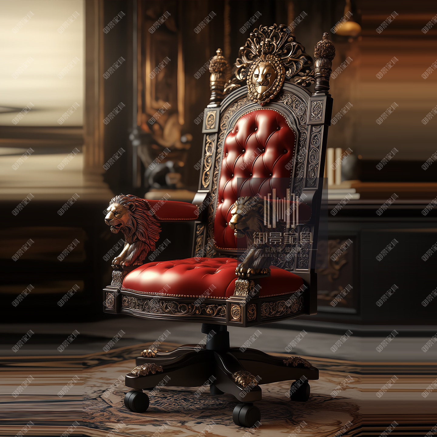 法式巴洛克全实木真皮办公椅老板椅欧式雕花扶手转椅书椅别墅家具
