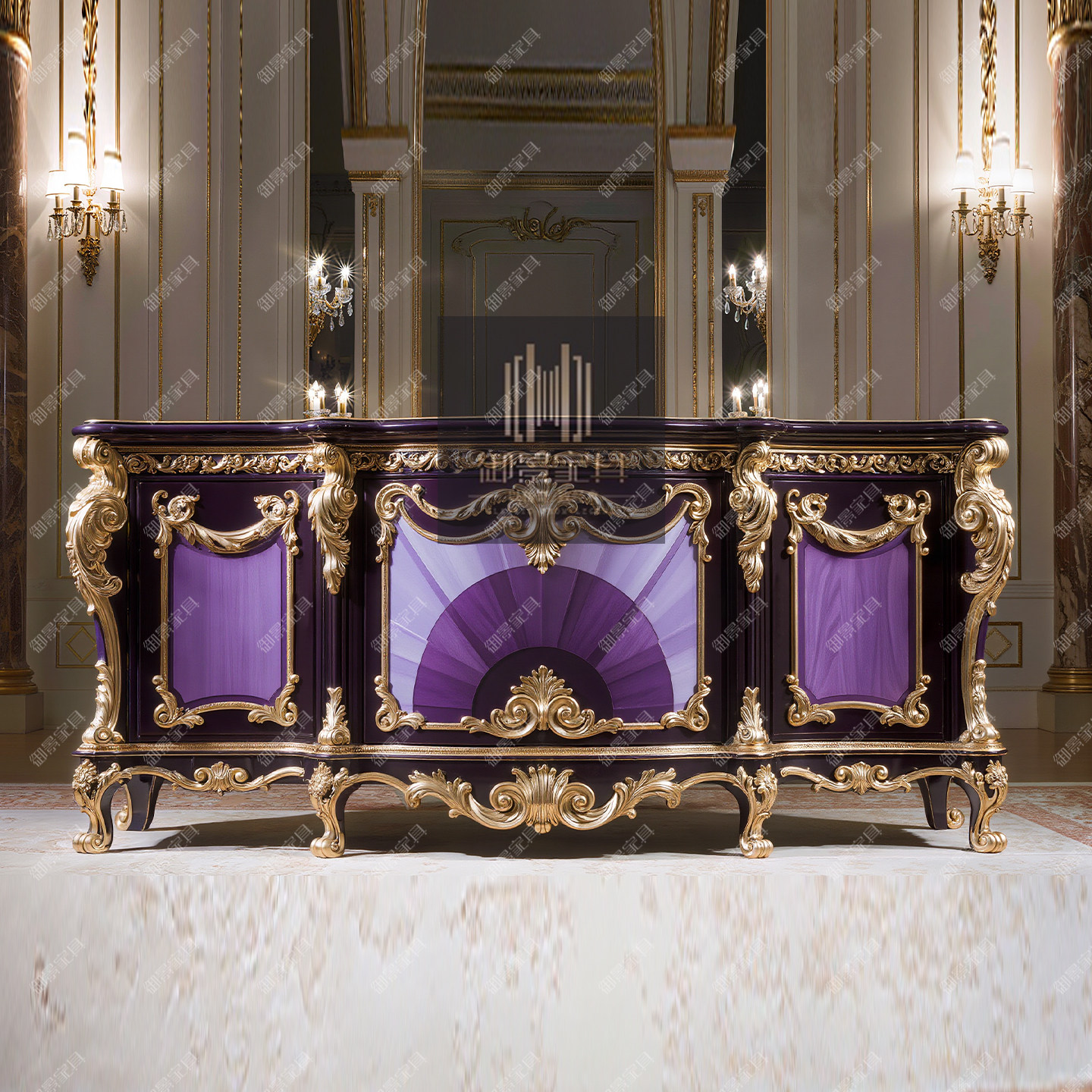 紫色实木餐边柜欧式复古雕花储物柜收纳柜收藏柜边柜靠墙玄关柜子