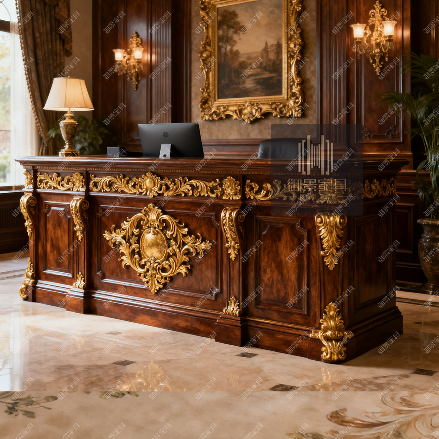 欧式前台接待台法式实木雕花收银台别墅酒店会所饭店餐厅吧台定制