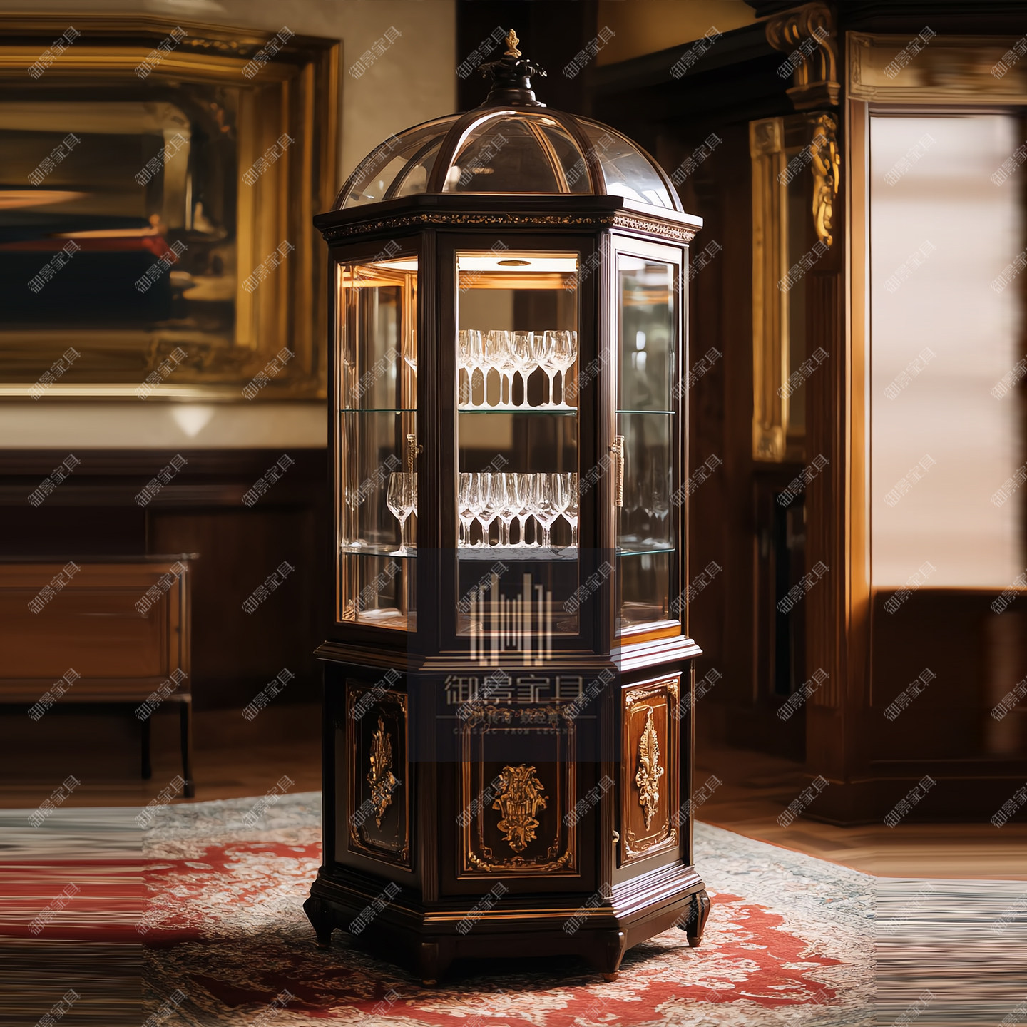 美式古典实木雕花酒柜圆形珠宝展示柜古董陶瓷奢侈品收藏柜欧式柜