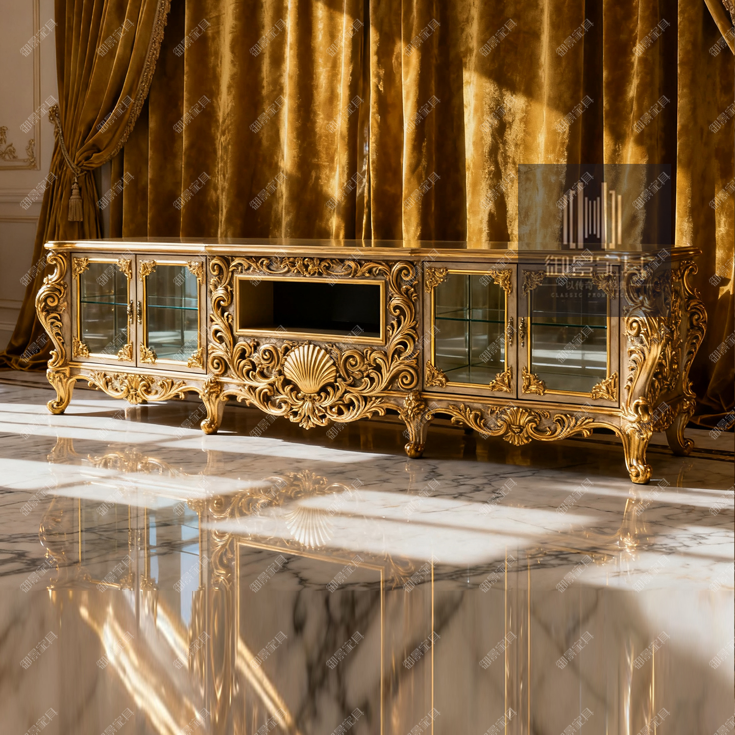 巴洛克实木金箔烤漆电视柜定制欧式雕花装饰柜客厅靠墙地柜矮柜子
