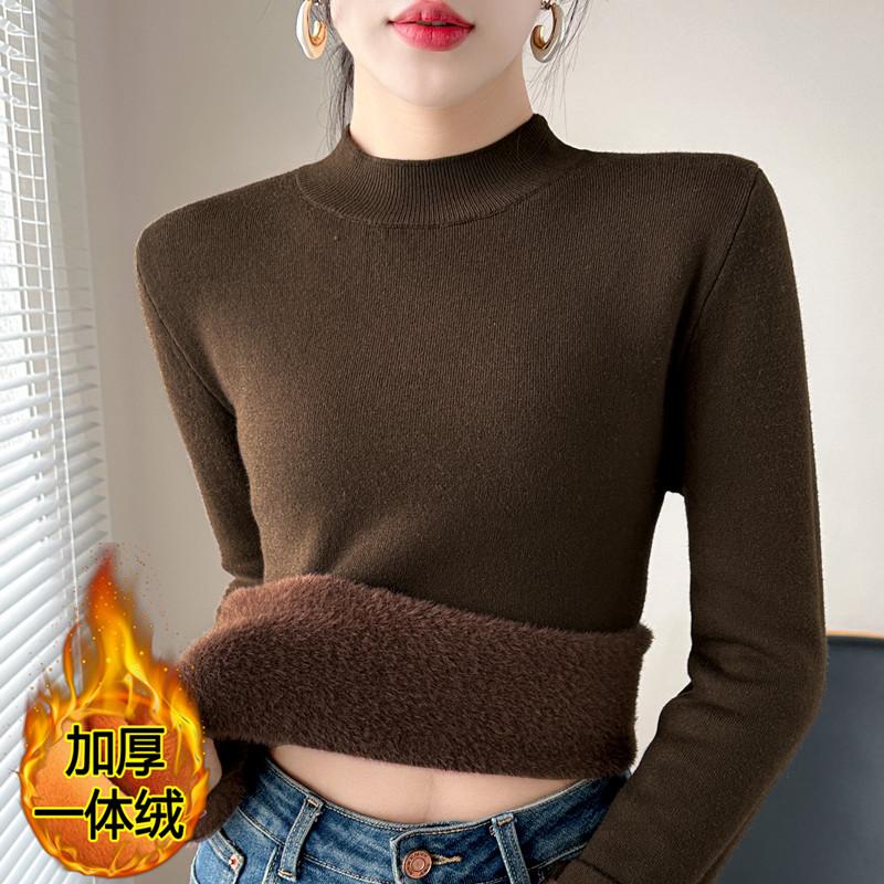 秋冬加绒毛衣女一体绒加厚内搭洋气保暖打底衫半高领套头针织上衣