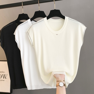 冰丝针织短袖t恤女夏季薄款宽松圆领小飞袖上衣百搭大码打底T恤衫