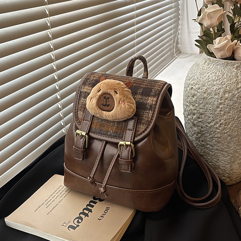 2025双肩卡通小包包红色小猫可爱手提包格子迷你小猫玩偶背包