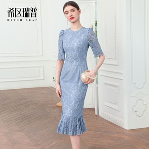 希区瑞普高端气质连衣裙女小众设计早秋2026年新款法式蕾丝鱼尾裙