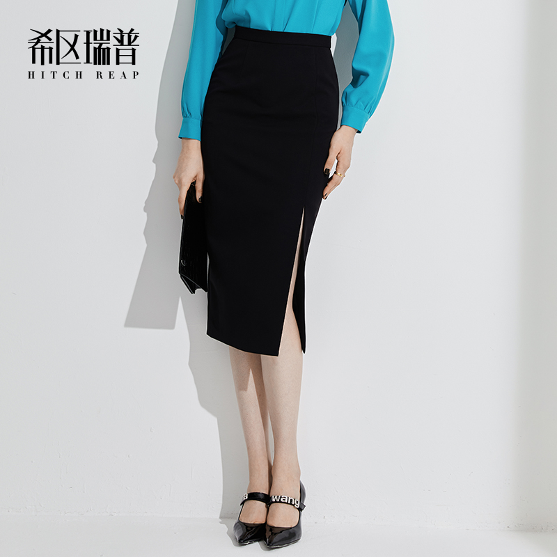 希区高端黑色半身裙女春季新款名媛气质开衩职业修身包臀裙