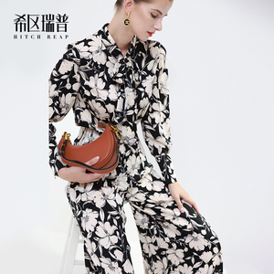 希区瑞普高端个性碎花飘带领衬衫配阔腿裤2023新款时尚洋气两件套