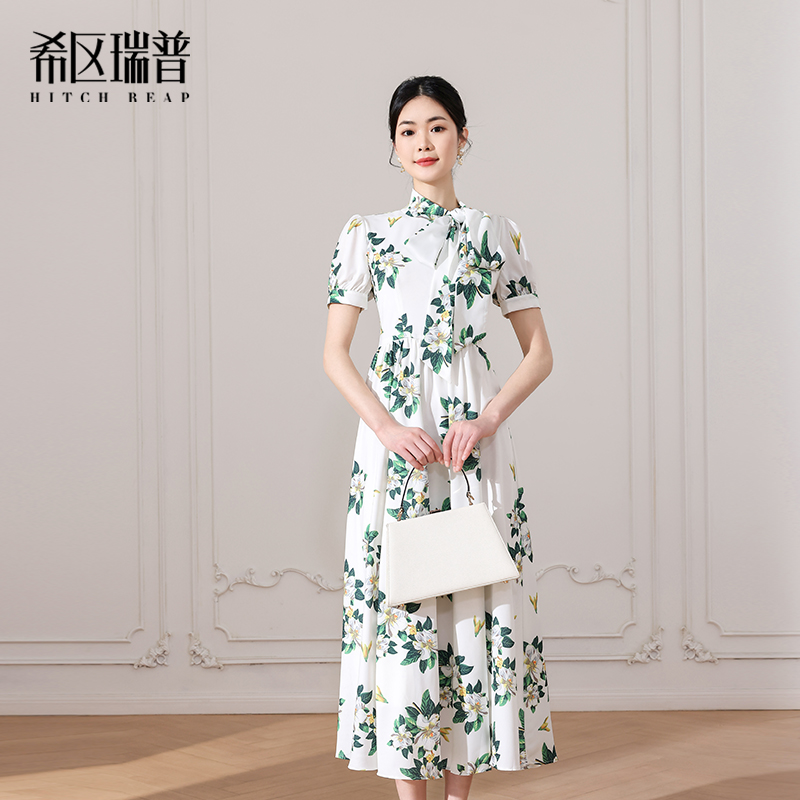 法式印花优雅碎花飘带复古连衣裙