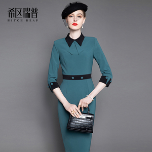 希区瑞普春夏高端复古法式连衣裙女装小香风气质翻领拼色修身长裙