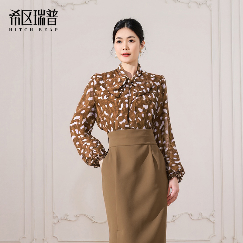 希区瑞普2025年高定新品印花领结飘带衬衫女长袖宽松百搭雪纺上衣