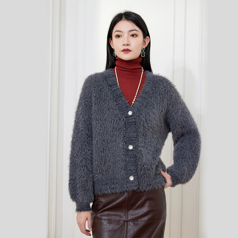 希区瑞普宽松亮片百搭气质秋感慵懒灰色温柔风软糯宽松短款针织衫