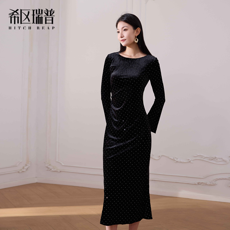 希区瑞普原创设计品牌2025秋冬新款女装丝绒亮钻连衣裙优雅鱼尾裙