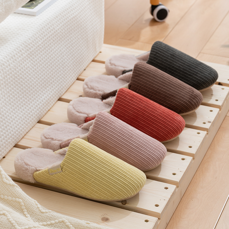情侣棉拖鞋纯色绒面防滑保暖静音