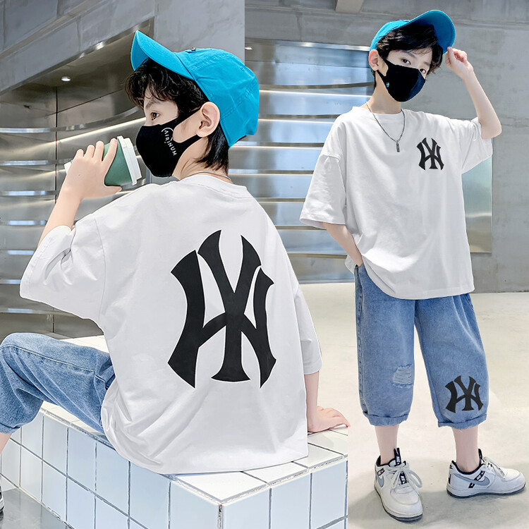 MLBLEATOO男儿童装2025夏季新款圆领短袖T恤牛仔七分裤两件套装