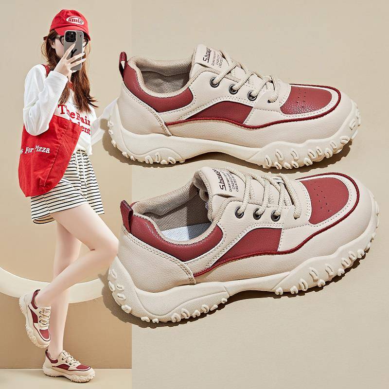 女鞋2025新款秋季皮面防水运动鞋时尚百搭旅游鞋软底防滑老爹鞋子