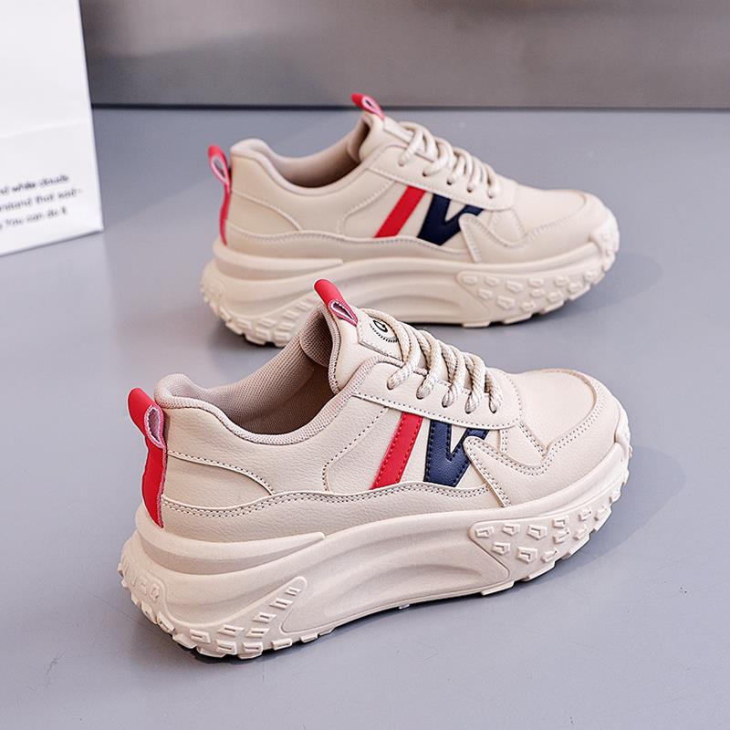 厚底鞋子女款2025新款秋季皮面运动鞋配阔腿裤增高鞋显脚小老爹鞋