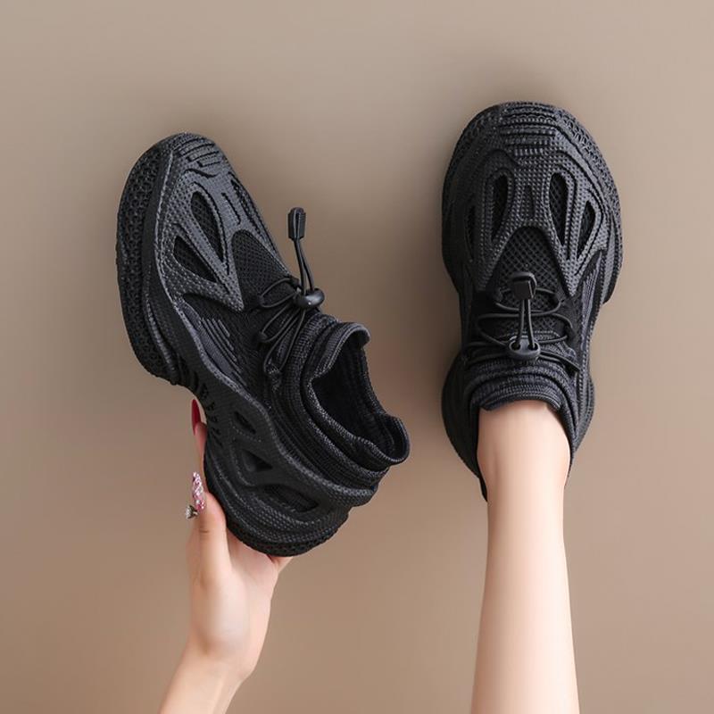 黑色老爹鞋女2025新款夏季透气飞织网面椰子运动鞋软底防滑不累脚
