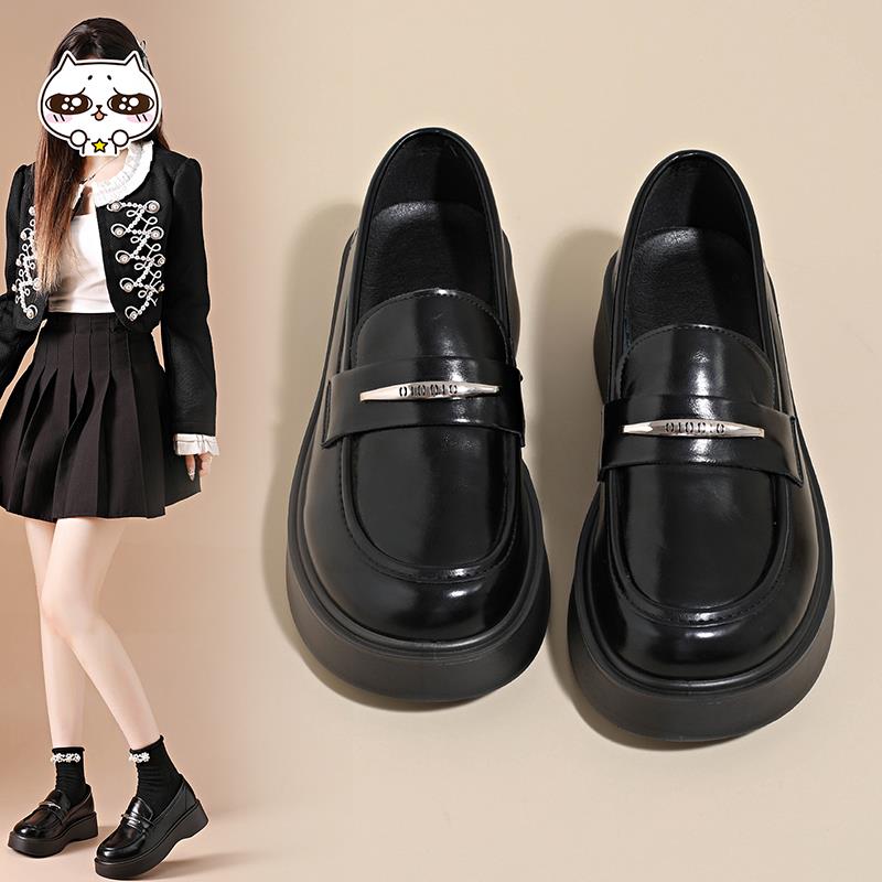 黑色小皮鞋女2025新款春秋一脚蹬厚底乐福鞋高级感配裙子真皮单鞋