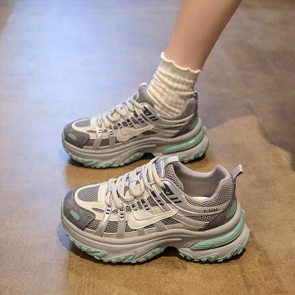 覆古老爹鞋女款2025新款秋季网面小个子厚底松糕鞋轻便防滑运动鞋