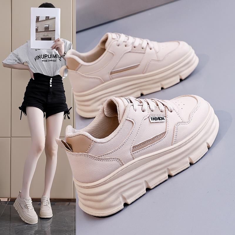 厚底女鞋2025新款秋季皮面防水松糕运动鞋配阔腿裤内增高老爹鞋女