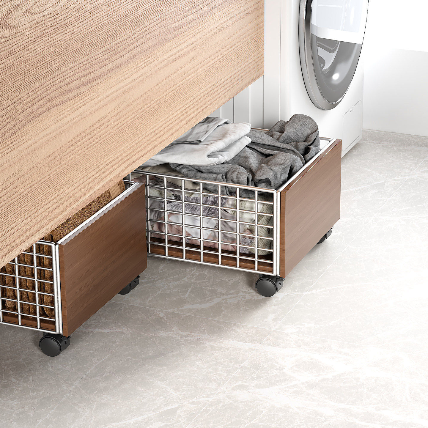 柜下篮子脏衣篮收纳筐推车高级感家用浴室卫生间脏衣篓带轮可移动,收纳整理,脏衣篮,淘宝优惠券,粉丝福利购,淘宝优惠卷