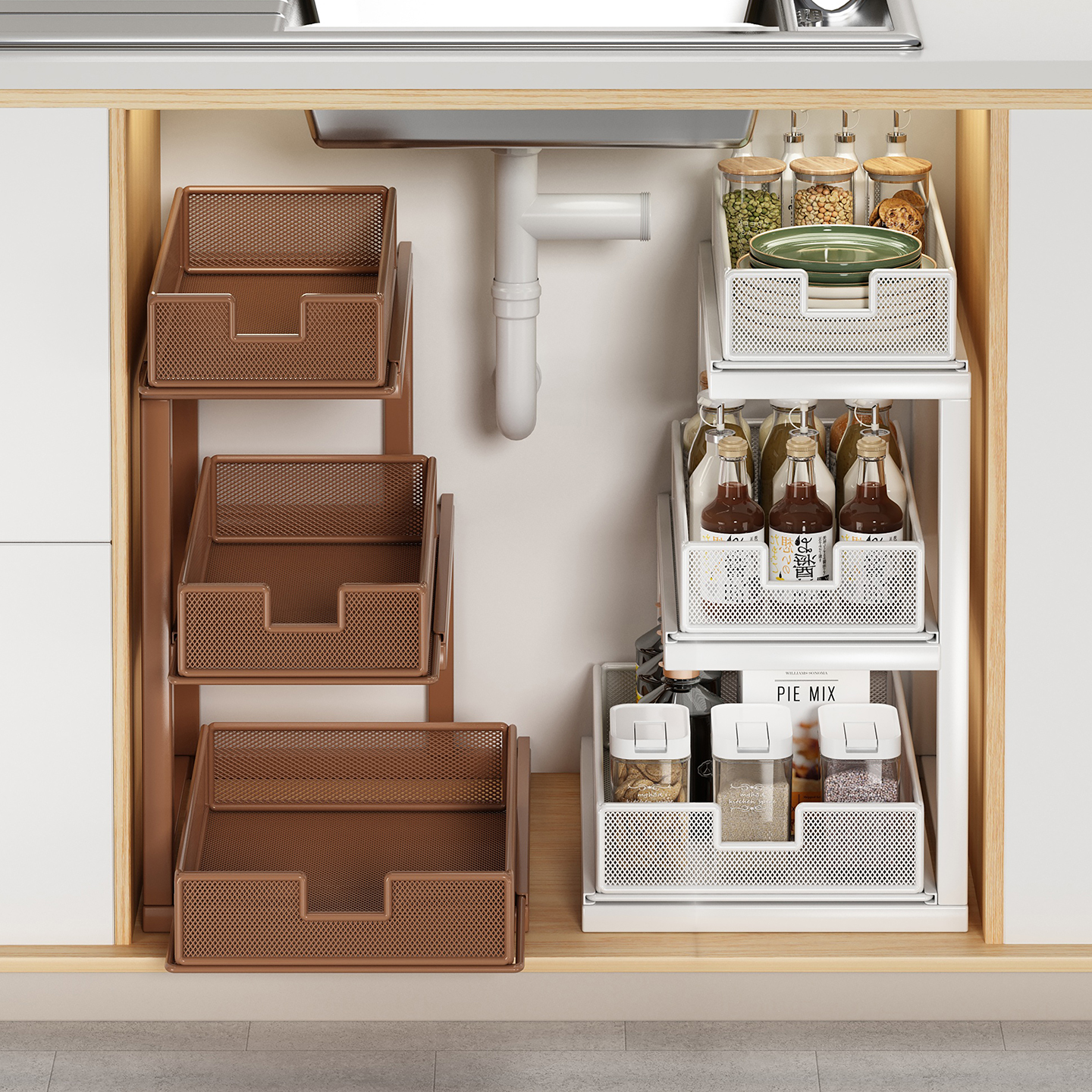 厨房抽拉式置物架橱柜内抽屉拉篮分层架子下水槽浴室柜内超深收纳