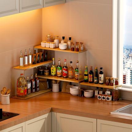 中古风厨房转角置物架家用拐角台面调料品调味料酱油醋分层调料架