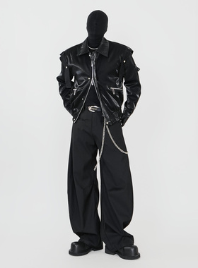 VE2 设计感液态金属亮面短款垫肩夹克外套男舞台演出服高级感上衣