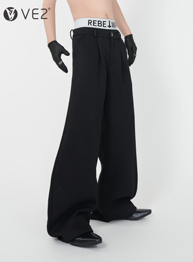 VE2 质感650G重磅挺括弯刀休闲裤男黑色宽松阔腿裤显瘦拖地长裤子