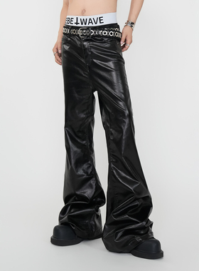 VE2 先锋漆皮涂层亮面显瘦修身长裤子男四季款透气堆积牛仔喇叭裤