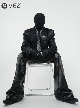 VE2 暗黑先锋液态渐变亮面短款西服外套男黑色直角垫肩西装夹克潮