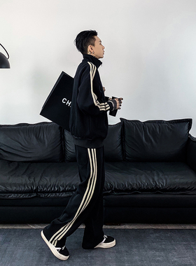 我叫得仔秋休闲运动套装男宽松半拉链立领套头卫衣一整套直筒长裤