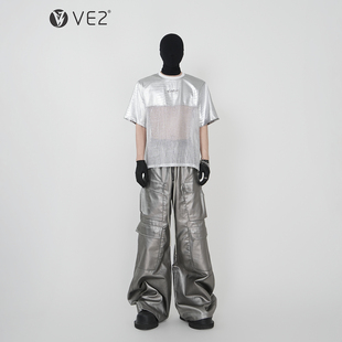 T恤套装 VE2 男镂空PU皮短袖 长裤 小众设计涂层哑光银阔腿宽松工装