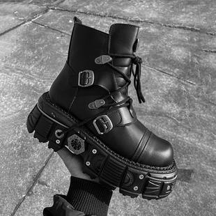 小众坦克底6cm增高中筒马丁靴男女亚文化短靴赛博朋克机车靴厚底