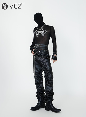 VE2 小众亚比暗黑哥特刺青图腾网纱长袖T恤男女镂空透视修身内搭