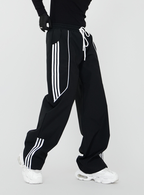 VE2 美式街头条纹拼接三条杠直筒休闲长裤男嘻哈街舞束脚运动裤潮