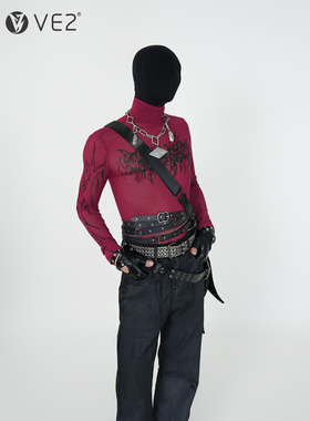 VE2 暗黑哥特小众高领弹力紧身长袖T恤内搭男女个性网纱镂空打底