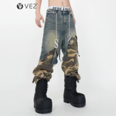 VE2 子 长裤 结构设计假两件拼接迷彩阔腿直筒牛仔裤 男重工破坏工装