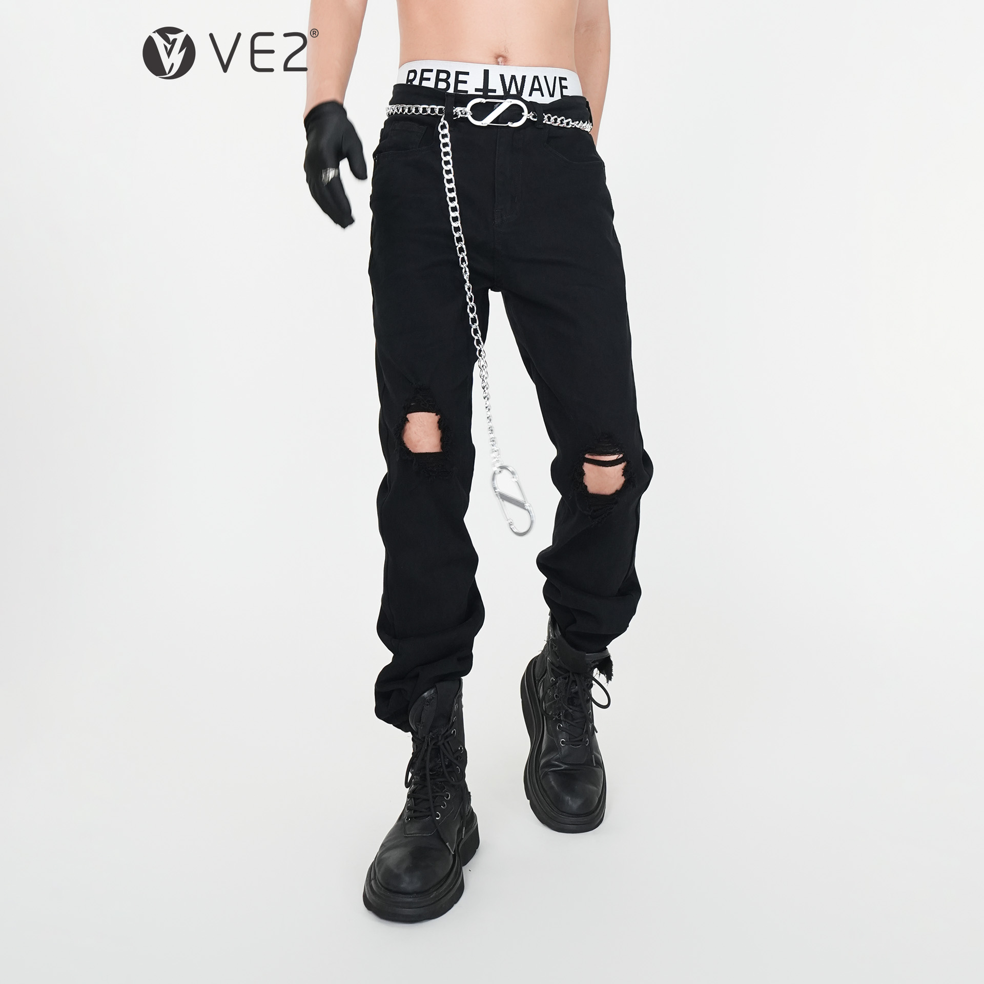 VE2破洞牛仔裤男修身小脚长裤子