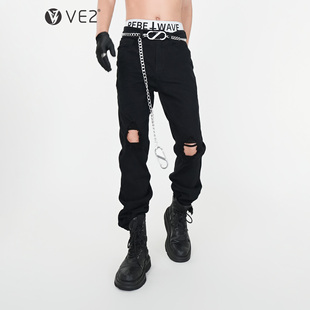 男显瘦靴裤 潮流破洞牛仔裤 修身 铅笔微弹小脚长裤 链 VE2 子送裤 四季