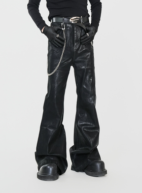 VE2 高级感蜡面涂层弹力喇叭牛仔裤男高街修身堆积长裤复古拖地裤