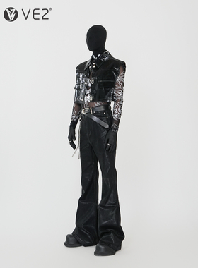 VE2 暗黑先锋时尚套装男三件套短款垫肩马甲高级感涂层牛仔喇叭裤